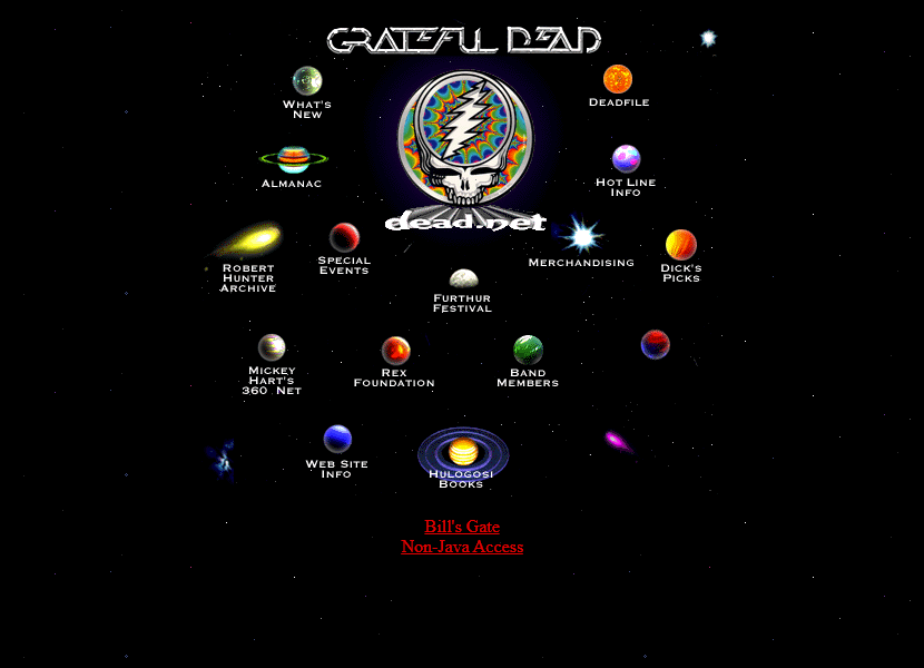 WebDesignMuseum's tweet photo. Dark websites with circle navigation in the 1990s

– Space Jam in 1996
– Steel in 1997
– Grateful Dead in 1996
– Game Fan Magazine in 1996

#WebDesignHistory https://t.co/GXgRdsd6ml