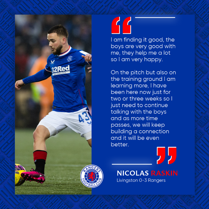 RangersFC's tweet photo. Nicolas Raskin believes he is continuing to build strong connections with his Rangers teammates following today’s 3-0 victory over Livingston.

Click below to read more from Raskin 👇