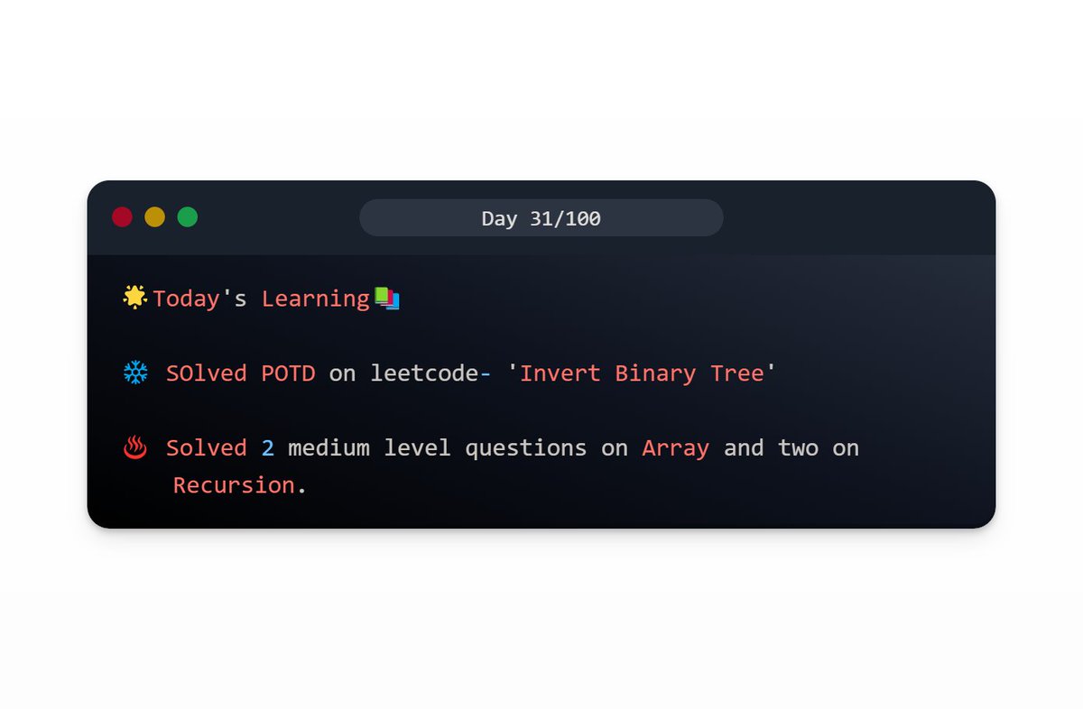 AnupeshVerma's tweet photo. Day 31/100 🙂

#100daysofcode #daysofcoding #100daysofcodingchallenge #tailwindcss #tailwind #leetcode #dailycode #coding #programming #programmer #python #developer #javascript #code #coder #technology #html #computerscience #codinglife #java #webdeveloper #webdevelopment #css https://t.co/u1Fze63TzN
