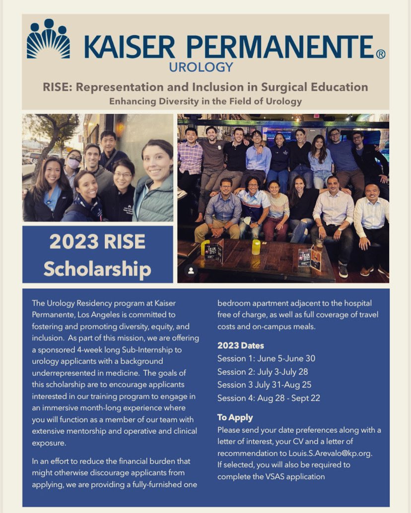 Kaiser Permanente Urology (@kp_urology) on Twitter photo For our Sub-Internship to urology applicants with a background underrepresented in medicine, our program will be providing fully furnished housing adjacent to the hospital free of charge, as well as full coverage of travel costs and on-campus meals. <a href="/UrologyUnbound/">Urology Unbound</a> <a href="/Uro_Res/">The Urology Applicant âš•</a> For our Sub-Internship to urology applicants with a background underrepresented in medicine, our program will be providing fully furnished housing adjacent to the hospital free of charge, as well as full coverage of travel costs and on-campus meals. <a href="/UrologyUnbound/">Urology Unbound</a> <a href="/Uro_Res/">The Urology Applicant âš•</a>