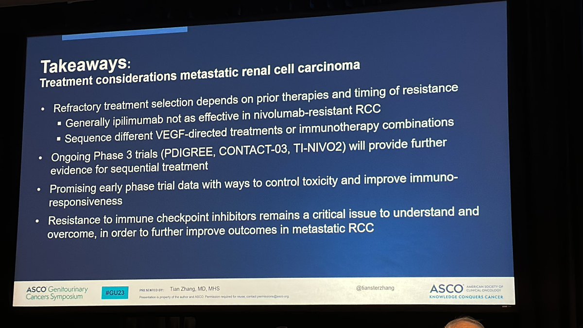 Brilliant tour de force by <a href="/TiansterZhang/">Tian Zhang, MD, MHS, FASCO (@tiansterzhangmd.bsky)</a> 
What lies in 2L and beyond in the treatment of #mRCC ?
Amazing to see how far we have come and the prospects ahead!
#GU23 <a href="/OncoAlert/">OncoAlert</a>