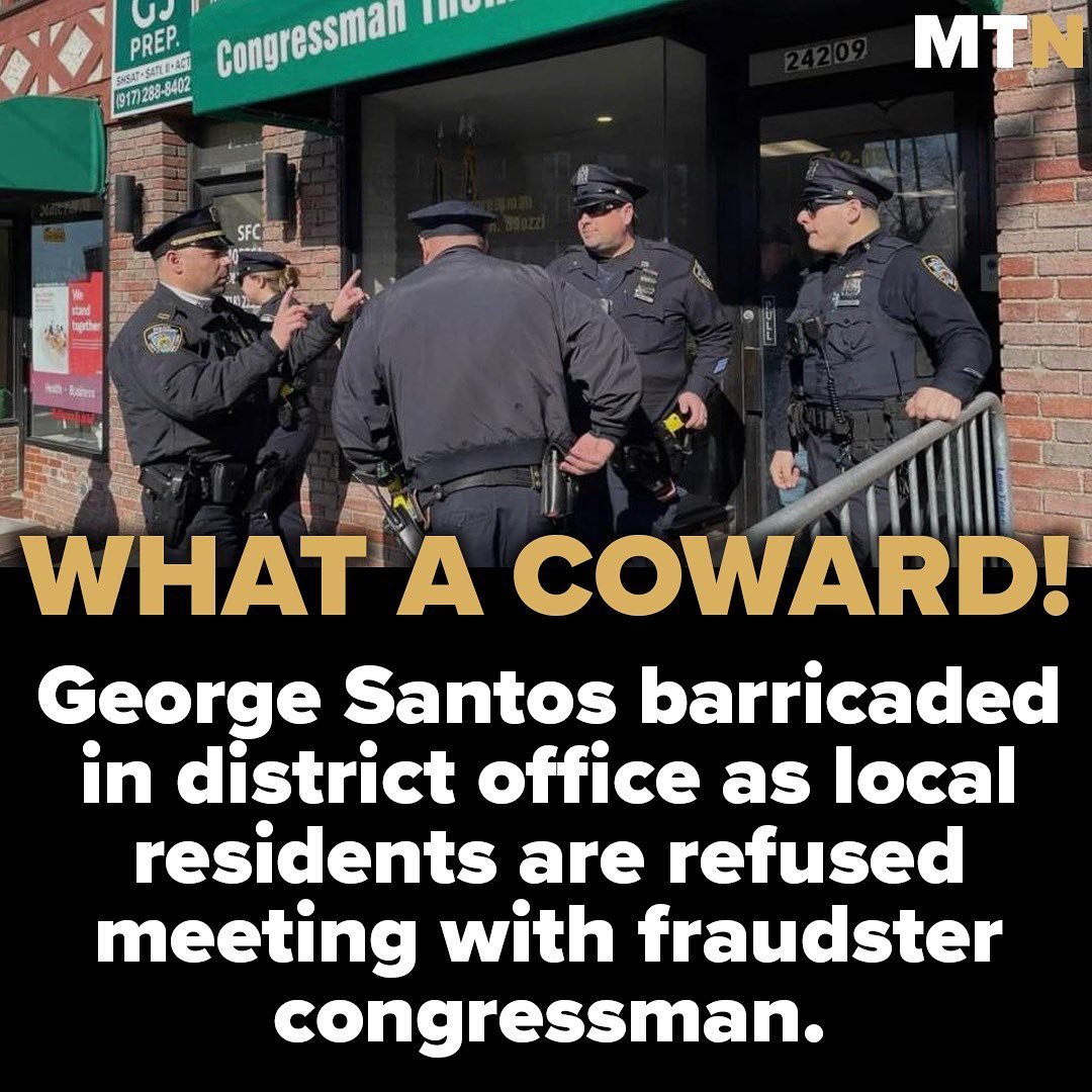 George Santos called his votes a mob
Around 25 residents visited his district office in Douglaston Long Island, and asked to speak with the congressman. The protesters were turned away by a member of his staff, who said Mr Santos was in the building but would not speak to a “mob”