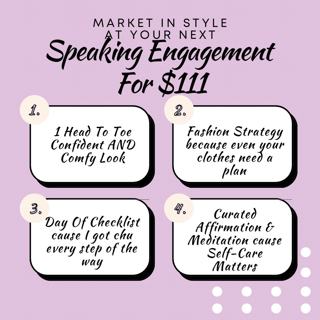I’ve gotten back with one of my first loves, fashion 💜 To celebrate my new #MarketInStyle services I’m offering some limited packages until February 23rd, 2023. 

I cater to wellness entrepreneurs who want to be confident &amp; comfy 😌 
Let’s Chat at 👉🏽 marketin.style