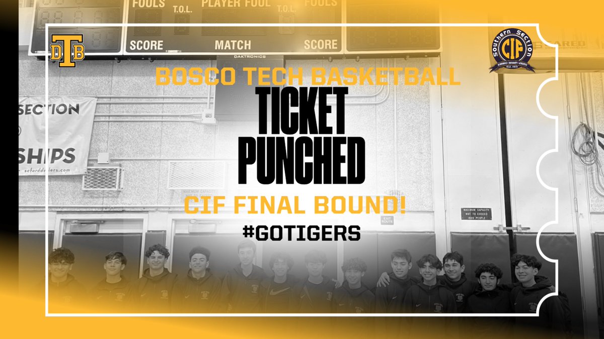 BoscoTechSports's tweet photo. Bosco Tech 🏀
CIF Final Bound!
More information regarding the CIF-SS Division 5AA CIF Final Championship game will be announced on Monday! Exact venue and time will be announced! Go Tigers!
@James_Escarcega @SGVNSports @MattyK31 @MikeRegaladoLA @coach_Romo @WeAreBoscoTech https://t.co/NJK3ptgVFw
