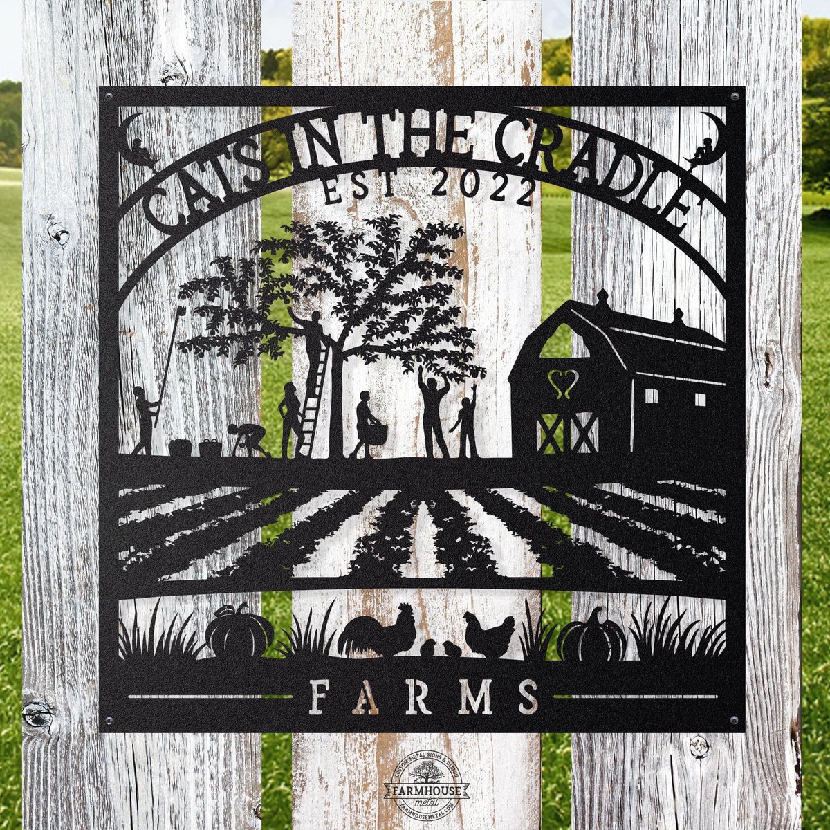 This unique custom metal farm sign was created for the Cats in The Cradle Farms in Harrisburg, North Carolina. They wanted boy on the moon like the song, a barn with their logo, apple picking, apple tree, crop rows, chickens, and pumpkins. #farmsign 
farmhousemetal.com