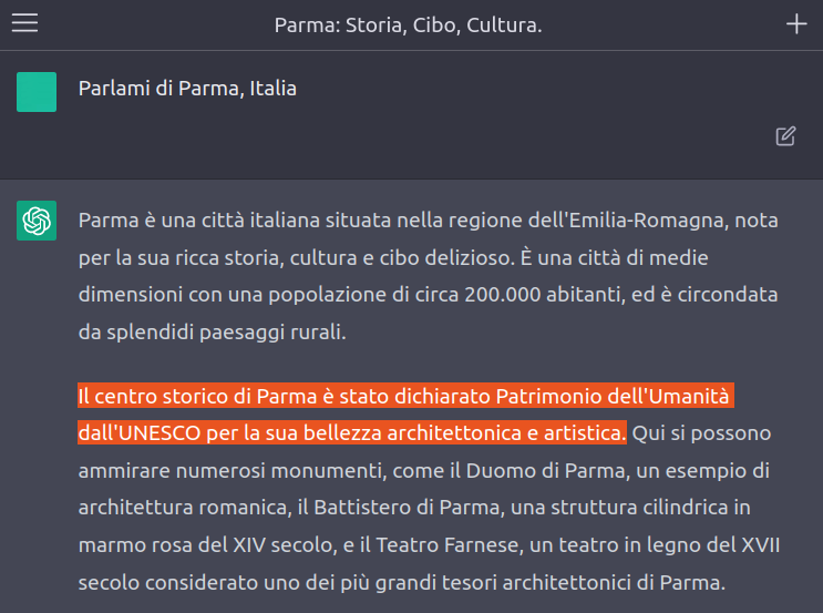 DatamiraCom's tweet photo. #ChatGPT adora #Parma ma esagera un po': non è Patrimonio dell'Umanità #Unesco ma solo Città creativa per la gastronomia.
Per il resto risposta degna di un esperto umano! https://t.co/XSO8p53OQ4