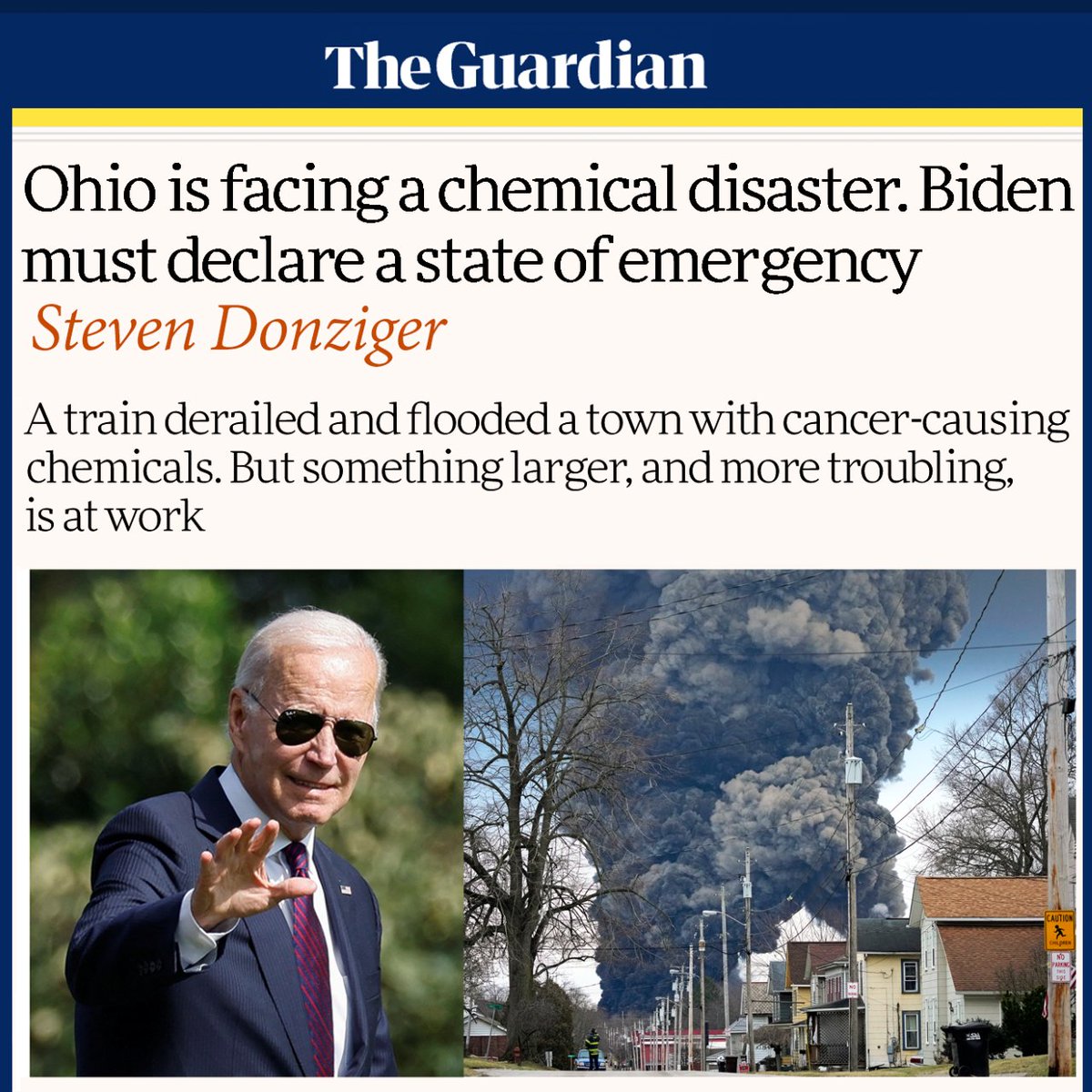 SDonziger's tweet photo. Calling on @JoeBiden to declare a federal emergency to clean the Ohio chemical disaster and properly protect the public. This is one of the worst industrial accidents ever and a distressing example of corporate criminality.

The ball is in Biden's court.
https://t.co/QRXJ96D1OY https://t.co/IihML6Z5fu