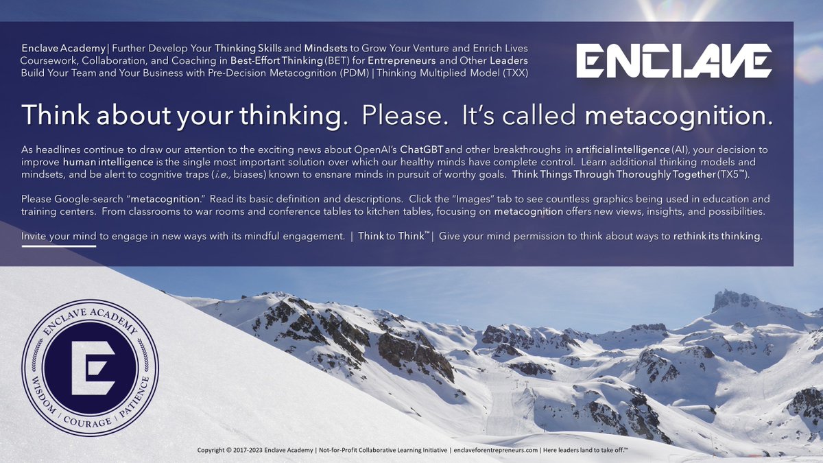 EnclaveAcademy's tweet photo. Distracted and otherwise super-busy #entrepreneurs and other leaders value being repeatedly reminded to PAUSE to think about additional #ThinkingModels and mindsets available to learn and use. Respectfully, @EnclaveAcademy asks everyone to #ThinkToThink™.
https://t.co/URaJYXmPJ2 https://t.co/Q8wSnVAKGk