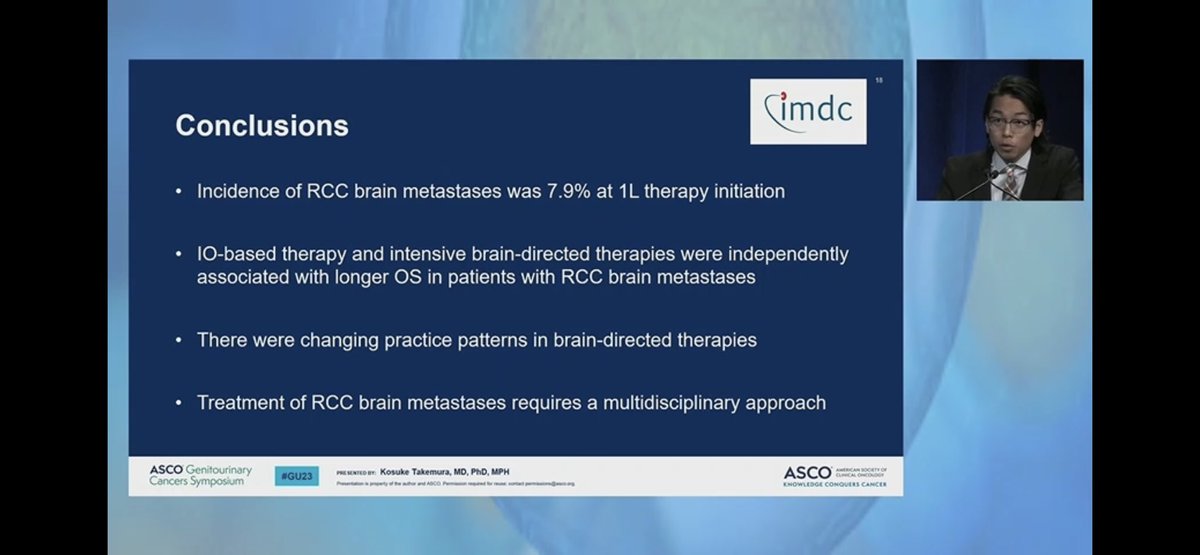 ShuchiGulati's tweet photo. #GU23
Important presentation on much needed data #DrTakemura presenting @IMDConline data on RCC patients with brain Mets:
- incidence ~7.9% at 1L rx
- IO based therapies important 
- need multi-d approach for brain-directed therapies in combination! https://t.co/T1M38FeXRD
