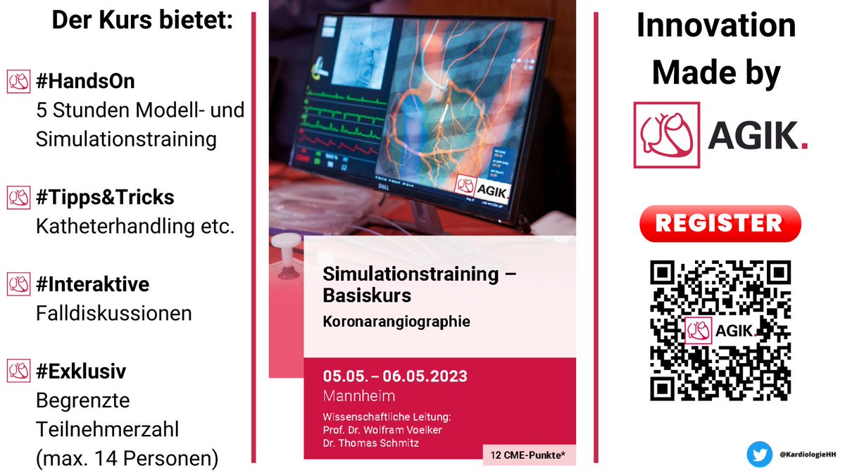 KardiologieHH's tweet photo. 🆕@AGIKinterv Simulatorkurs Koronarangiographie

🗓️05. Mai + 06. Mai 2023
🏙️CUBEX 41 - Klinikum Mannheim

🚨Jetzt anmelden und einen der begrenzten (‼️) Plätze sichern:
https://t.co/Ae8AiyQNwk

#InnovationMadeBy @AGIKinterv https://t.co/UfJSiiM6Ej