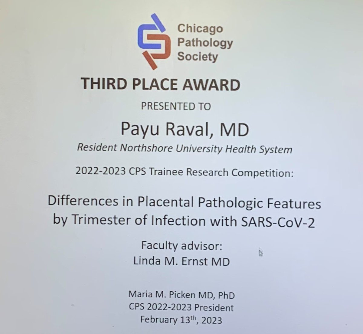 Payu Raval (@payuraval) on Twitter photo Many thanks to <a href="/ChicagoPathSoc/">Chicago Pathology Society</a> for recognizing my work on COVID infection and placental pathology.
Special thanks to <a href="/NorthShore_Path/">NorthShore Pathology Residency</a>, Dr. Linda Ernst and my research colleagues, for constant support and guidance. Many thanks to <a href="/ChicagoPathSoc/">Chicago Pathology Society</a> for recognizing my work on COVID infection and placental pathology.
Special thanks to <a href="/NorthShore_Path/">NorthShore Pathology Residency</a>, Dr. Linda Ernst and my research colleagues, for constant support and guidance.