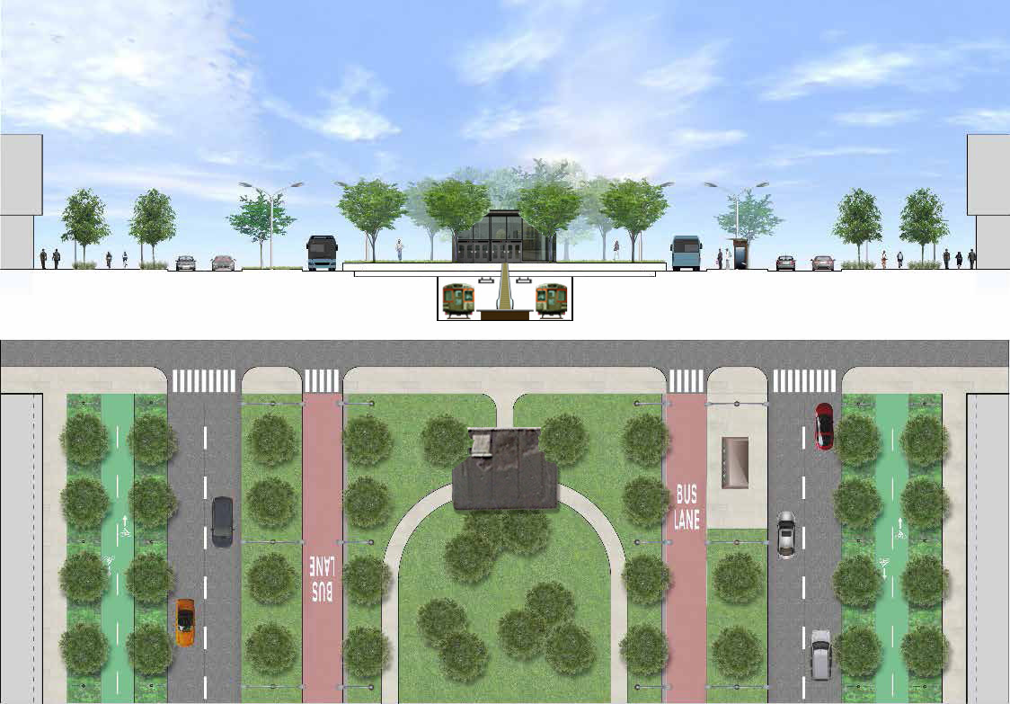 BlvdSubway's tweet photo. This is the ideal version of how the Roosevelt Boulevard Subway would look like. 

Simple, elegant median stations with station houses without a mezzanine. 

No more dangerous express lanes; Roosevelt Blvd is calm, walkable, and bikeable. Build the Roosevelt Blvd Subway! https://t.co/Q7wmJBb3TZ