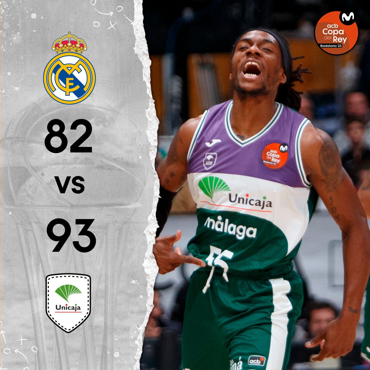 ACBCOM's tweet photo. Unicaja hace historia y se mete en la FINAL de la #CopaACB tras vencer al Real Madrid. 

8⃣2⃣ @RMBaloncesto 
9⃣3⃣ @unicajaCB 

#ListosParaRomperla https://t.co/4tf0yjcWHf