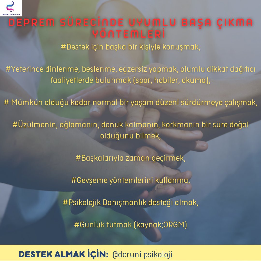 Deprem sürecinden dolayı yoğun korku, endişe, kaygı yaşamamız doğamızın gereğidir.
 #depremdestek #ücretsizterapi #psikolojikdanışmanlık #onlineterapi #DepremCocuklarıGuevendemi #depremzedesoruyor