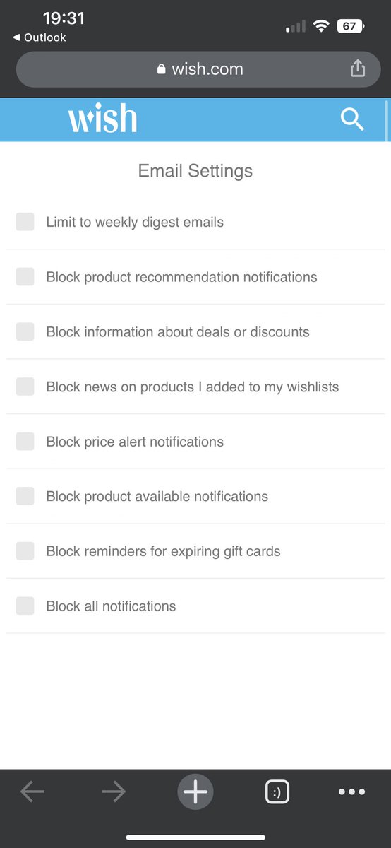 PaciorekSandra's tweet photo. @WishShopping , really poor UX here to be able to opt out from your emails… How am I meant to save my changes?! https://t.co/iXuA5r9d7O