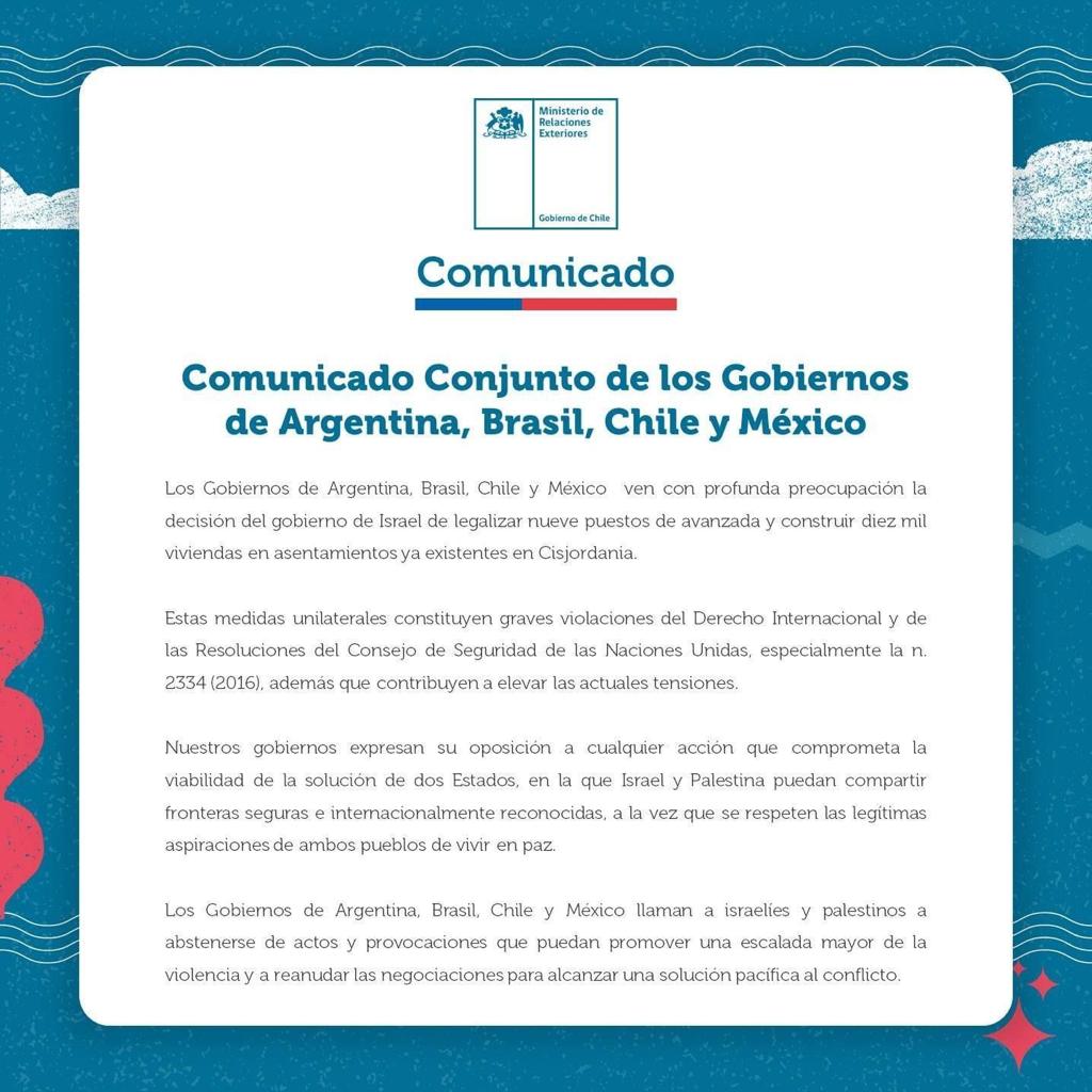 HeraldoMunoz's tweet photo. Apoyo esta declaración de rechazo a extensión de asentamientos ilegales en Cisjordania ocupada por gobierno de Israel, q encabeza Netanyahu. Esto sólo aleja el camino a una solución de 2 estados q compartan fronteras seguras e internacionalmente reconocidas para convivir en paz. https://t.co/rn3y7jFpxy