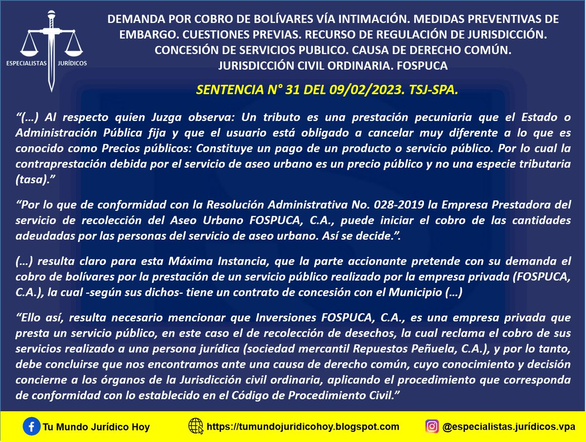 Furiamax's tweet photo. Sentencia N° 31 del 09/02/2023. TSJ-SPA. Demanda Por Cobro de Bolívares Vía Intimación. Medidas Preventivas de Embargo. Cuestiones Previas. Recurso de Regulación de Jurisdicción. Concesión de Servicios Publico. Jurisdicción Civil Ordinaria. FOSPUCA. #LuzVerde https://t.co/rAFGHMQpV0