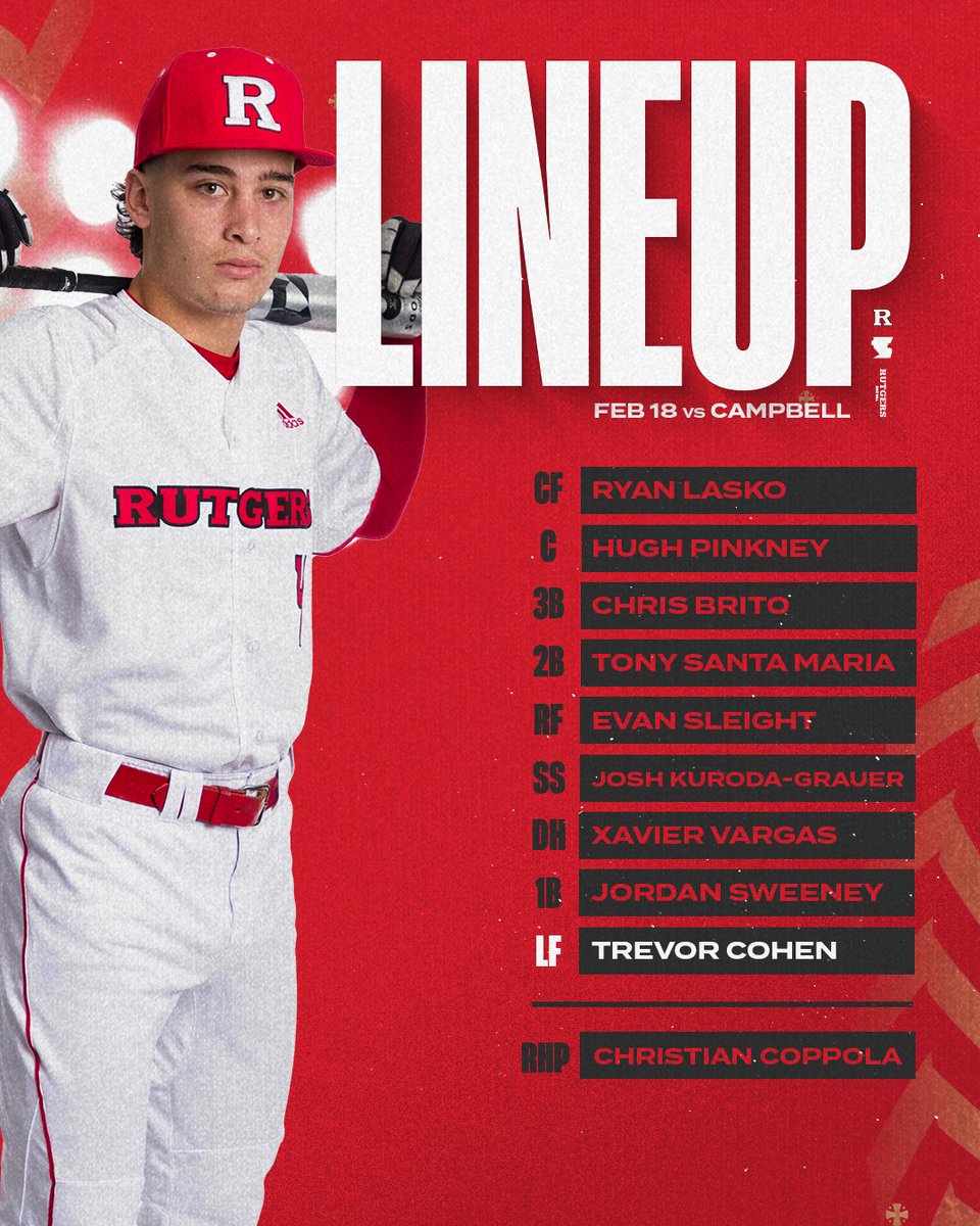 Today's starting lineup for Game 2 against Campbell ⚔️

No stream today, but fans can follow along here for updates as well as live stats. 

📻 go.rutgers.edu/CampbellAudio
📊 go.rutgers.edu/CampbellStats

#TCD