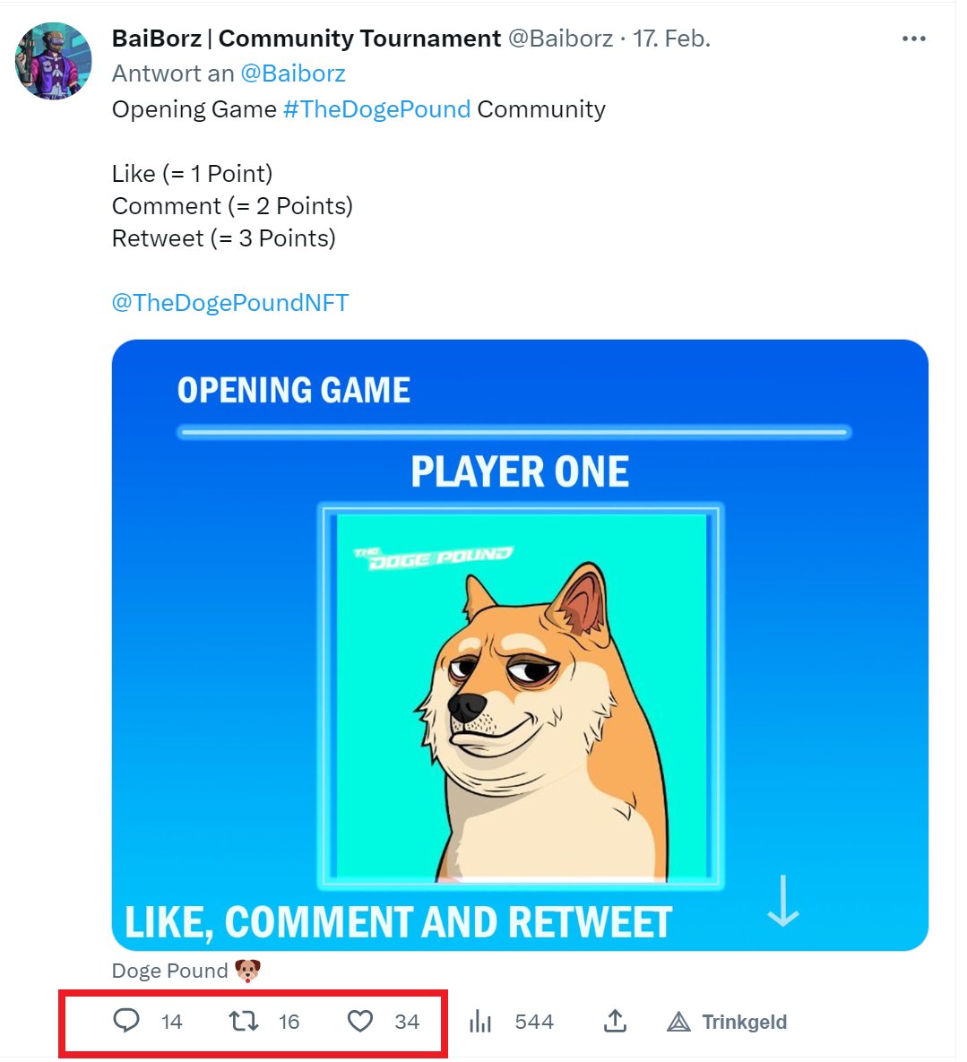 Baiborz's tweet photo. Congratulations to @TheDogePoundNFT Community for winning the last opening match! Your #AWOO paid off and earned you a spot in the next round. 🐶🏆 #MemeWar #UCT1 https://t.co/SzZxEeBRwf