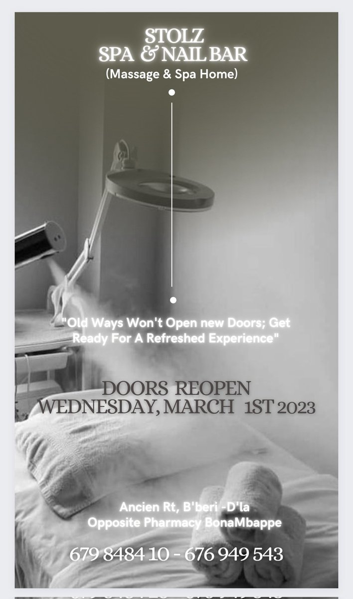 StolzBeauty's tweet photo. To All Our Clients, Your Preferred Massage and Spa Home is Back.

Recommend a Friend and Let them Get 50% Discount. 

#Spa #StolzBeauty #Bonaberi #MassageParlor https://t.co/hu9ceqZli4