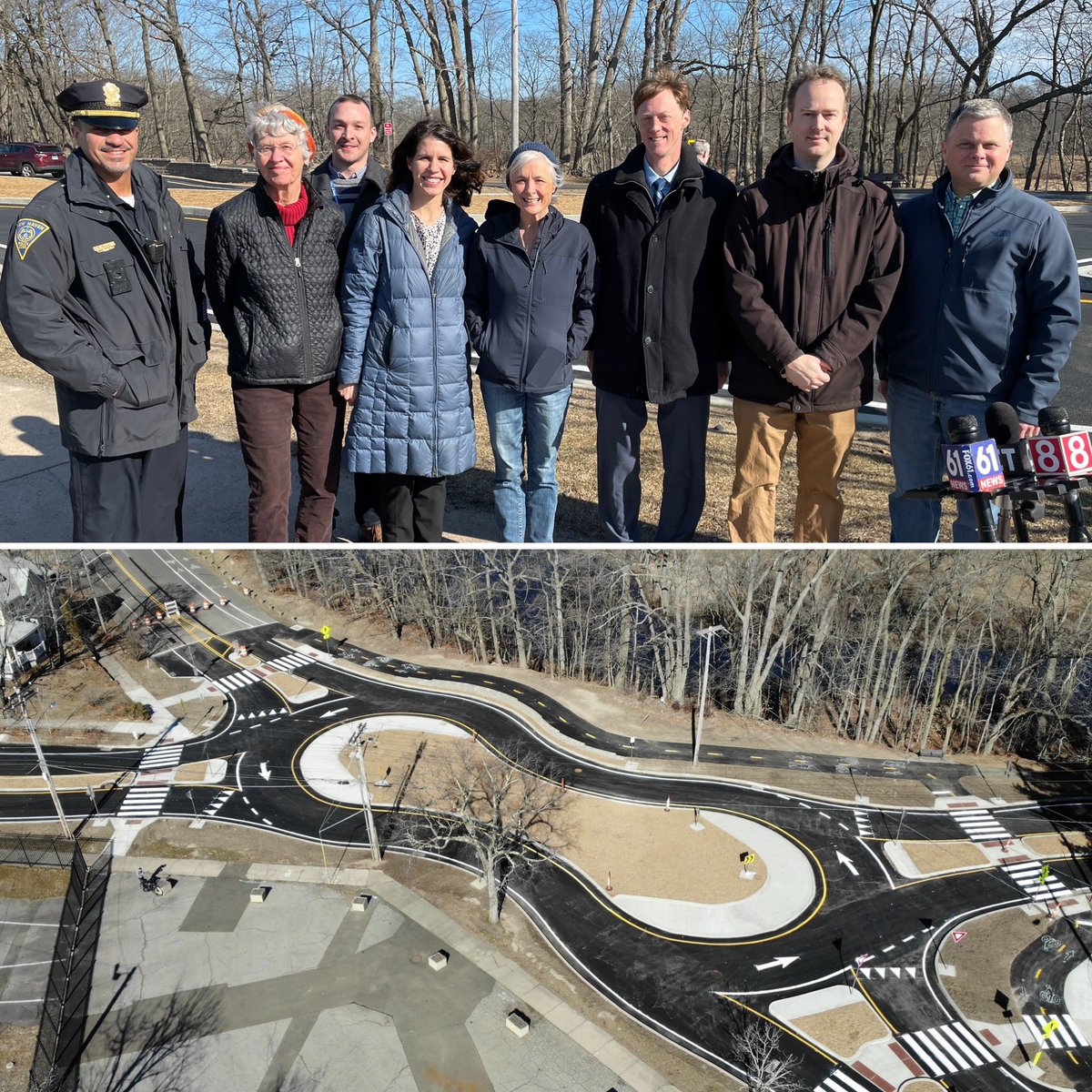 MayorElicker's tweet photo. This week it was exciting to celebrate the opening of the new "peanut" roundabout at Chapel St and Yale Ave in Westville! 1/

#safestreets #newhaven #nhv https://t.co/zxnmpmBZGn