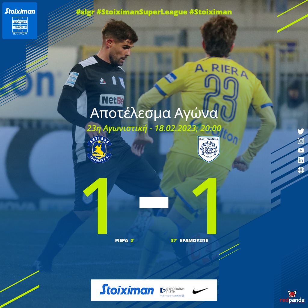 Super_League_GR's tweet photo. Ολοκληρώθηκε η αναμέτρηση Αστέρας Τρίπολης - ΠΑΣ Γιάννινα 1-1.
➡️https://t.co/ePtfxvVd83
#slgr #StoiximanSuperLeague #astpas #AsterasTripolisfc #PASGiannina #Stoiximan #Football #matchday23 https://t.co/A3QH08HQeK