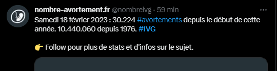 nombrelvg's tweet photo. Samedi 18 février 2023 : 30.224 personnes n'ont pas eu à subir une grossesse contre leur volonté.

Mais attention, peut-être que les anti #avortements annuleront les #ivg l'année prochaine, comme pour 2022.
https://t.co/0NYu5BnoGU
OUI à l'ivg libre, gratuite et pour tou-te-s. https://t.co/fHayDEGAig