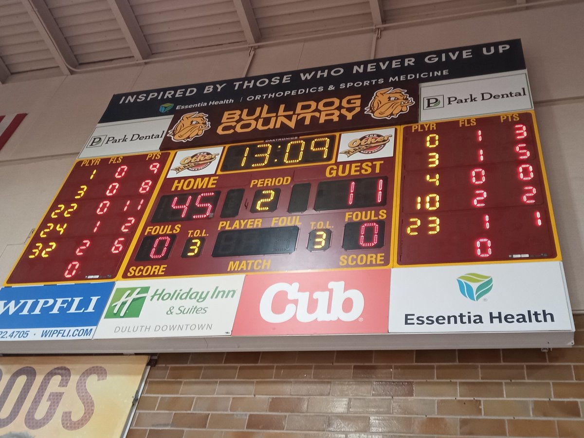 This isn't a misprint, folks. UMD leads Bemidji State 45-11 at the half as BSU shot an anemic 13.3% -- 4 of 30 -- from the floor. The Bulldogs' Joshua Brown capped the scoring, throwing down a two-handed jam just before the half, then acknowledged the UMD student section.