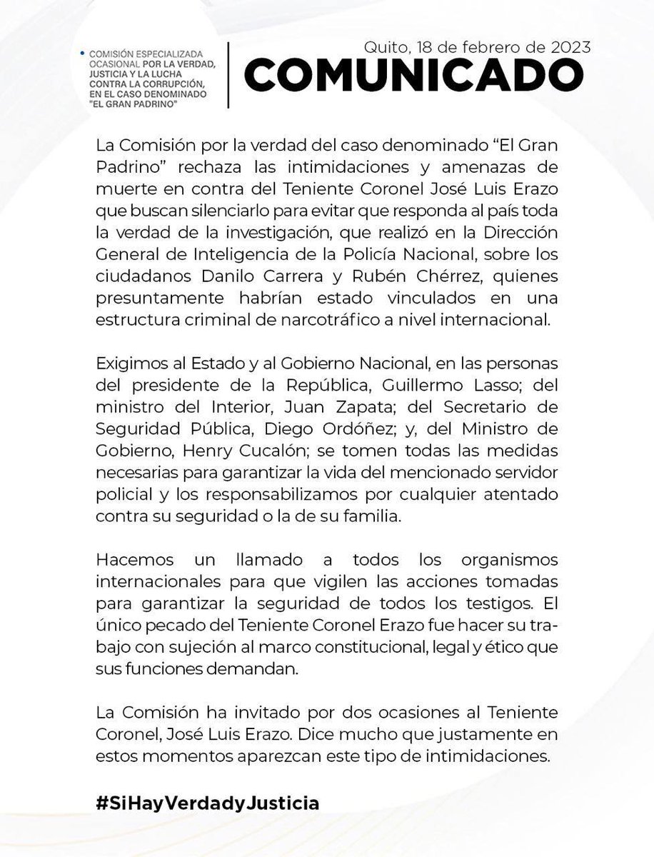ElGranPadrinoAN's tweet photo. 🔴 COMUNICADO || La Comisión por la verdad del caso denominado "El Gran Padrino" rechaza las 
amenazas de muerte contra el Teniente Coronel José Luis Erazo 

#ElGranPadrino 
#CasoEncuentro https://t.co/TuWTWPXpWb