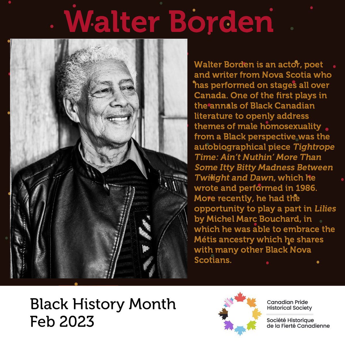 CanPrideHistory's tweet photo. Walter Borden is an actor, poet and writer from Nova Scotia.  He wrote and performed in one of the first Canadian plays which openly addressed male homosexuality from a Black perspective. 
#BlackQueerHistory #BlackHistoryMonth #WalterBorden https://t.co/lnqefTYeys