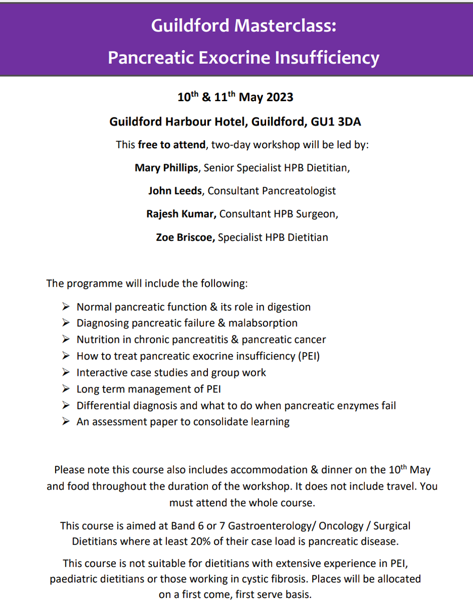 MaryHPBRD's tweet photo. Places on our free PEI masterclass can now be booked. Targeted at dietitians band 6 and above, where >20% of their job is in pancreatic disease. @nigps @bda_gastro @BDA_Oncology @SouthEastBDA @NEndoscopy @GuildfordHpb https://t.co/I2d3J04LZp