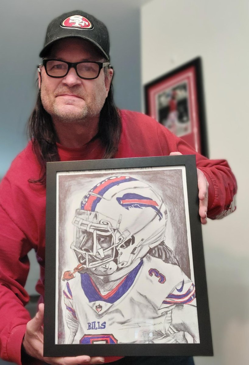 josh_fti's tweet photo. My Dad, who is still recovering from a traumatic brain injury, created this drawing in honor of Damar Hamlin’s story. We would like to Auction off this piece, signed and framed, and donate the entirety of the sale to Damar’s Toy Drive fund. Details will be below 🫶🏻3️⃣💙❤️ https://t.co/Mn9xousNYI