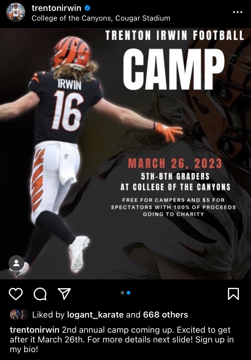 Justin Vigil-Zuniga (@justinwilltweet) on Twitter photo Bengals receiver Trenton Irwin announces second annual free youth football camp. 5th-8th graders are welcome to join the Hart alumnus at College of the Canyons on Sunday March 26. <a href="/trenton_4/">Trenton Irwin</a> @JessicaaRosee3 <a href="/Bengals/">Cincinnati Bengals</a> Bengals receiver Trenton Irwin announces second annual free youth football camp. 5th-8th graders are welcome to join the Hart alumnus at College of the Canyons on Sunday March 26. <a href="/trenton_4/">Trenton Irwin</a> @JessicaaRosee3 <a href="/Bengals/">Cincinnati Bengals</a>