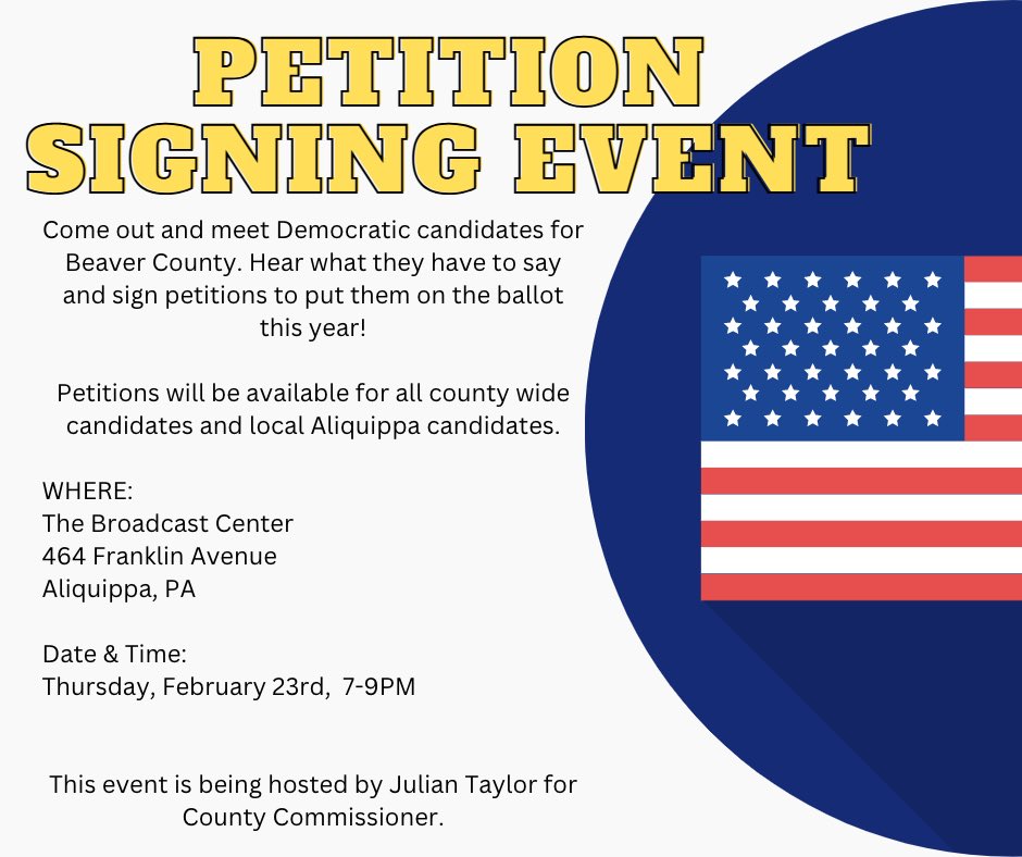 #Aliquippa Meet Democratic candidates for #BeaverCounty. Hear what they have to say &amp; sign petitions for all county wide candidates &amp; local Aliquippa candidates.
The Broadcast Center
464 Franklin Avenue
Aliquippa, PA
Thursday, February 23rd, 7-9PM
Hosted by <a href="/Taylor4BC/">Julian Taylor</a>