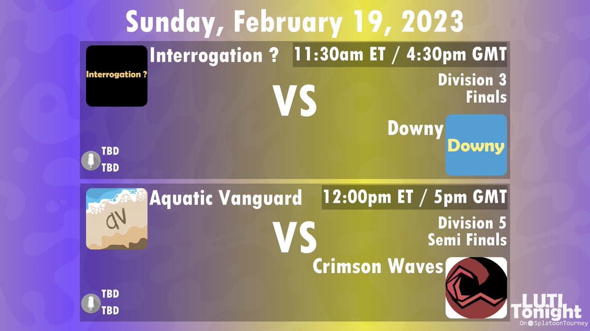 falcoflyer11's tweet photo. On Sunday before Low Ink, we have two LUTI sets coming your way! Including Div 3 Finals!

11:30am ET / 4:30pm GMT
Div 3 Finals - Interrogation ? vs Downy

12pm ET / 5pm GMT
Div 5 Semi Finals - @AquaticVanguard vs @CrimsonWavesSpl 

See you tomorrow!
https://t.co/6WTQvgI22Z https://t.co/BxnEg5jwge