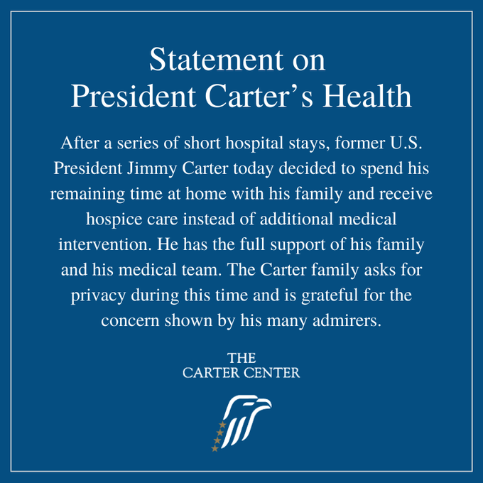 disclosetv's tweet photo. JUST IN - Former U.S. President Carter will spend his remaining time at home and receive hospice care instead of medication. https://t.co/Hux0NPdcMj