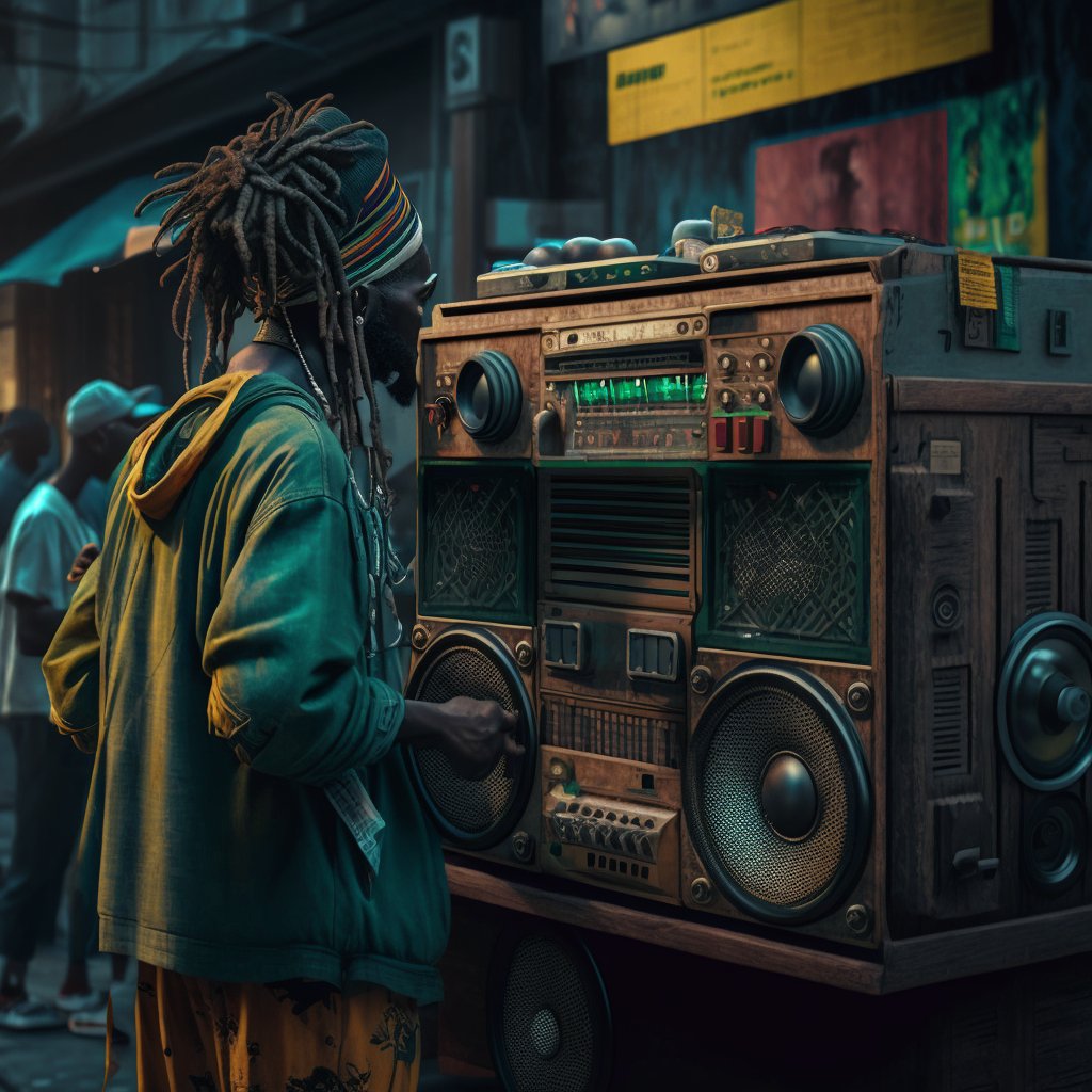 RastaUniversity's tweet photo. Step into the future and experience the ultimate Jamaican Sound System party in the year 2100, through the eyes of A.I.! 🤖🎉🔊🌴 What do you think?

#JamaicanSoundSystem #Year2100 #AICapturedItAll #FuturisticPartyVibes #Reggae #RastaUniversity https://t.co/DaO0GlhVMm