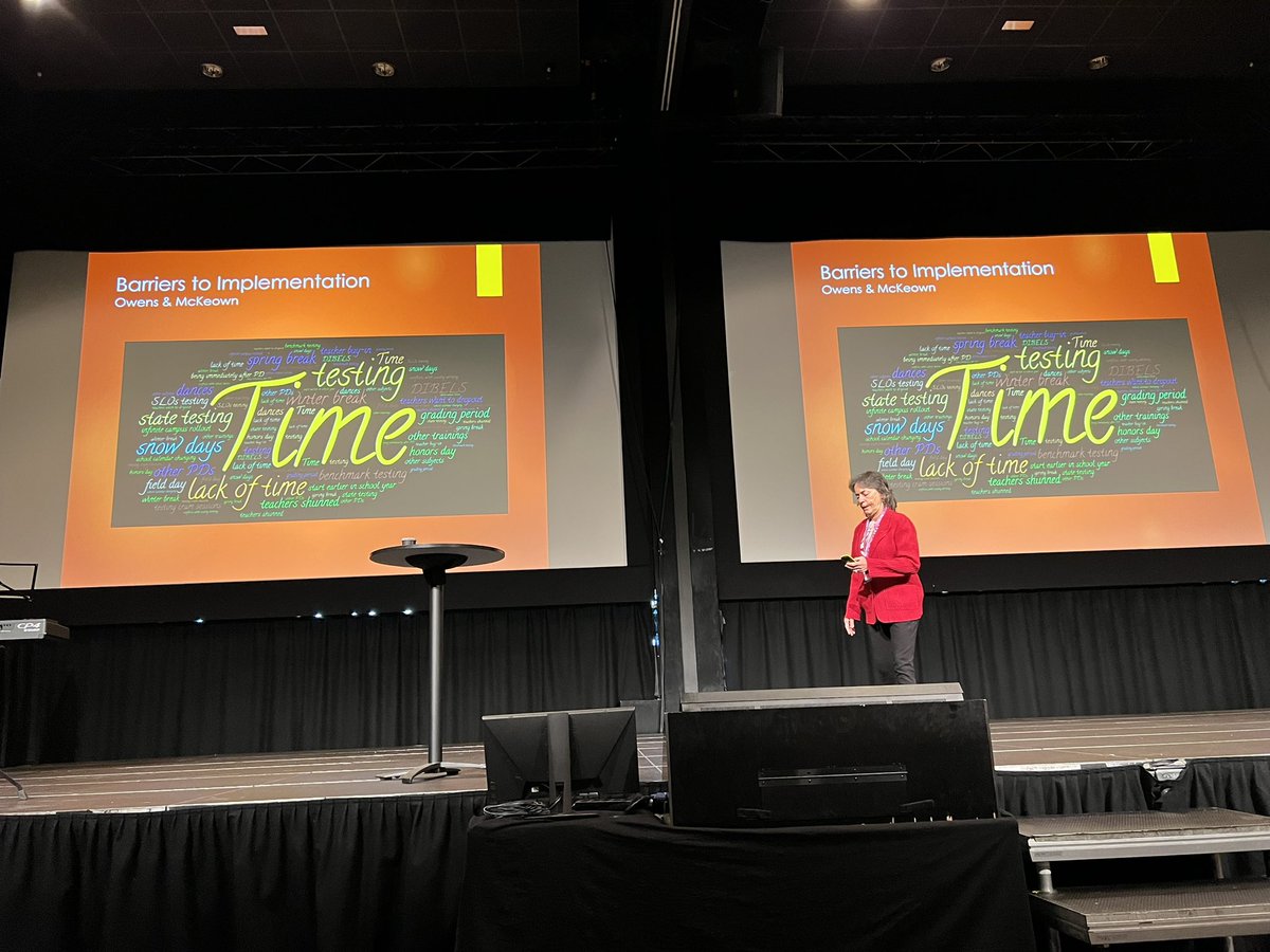 Dr. Karen Harris using a word cloud from <a href="/OwensOnEd/">Julie Owens</a> on barriers to implementing EBP in #writing #WRAB2023