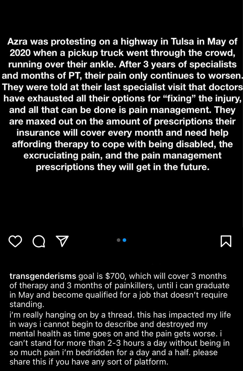 HOBlTAE's tweet photo. hi everyone! my friend is crowdfunding for pain management and therapy after being hit by a truck that ran through a protest crowd in Tulsa in 2020. their chronic pain from the accident has only worsened as time has gone on. all shares/donations help!!❤️ https://t.co/vh7DokeOhd