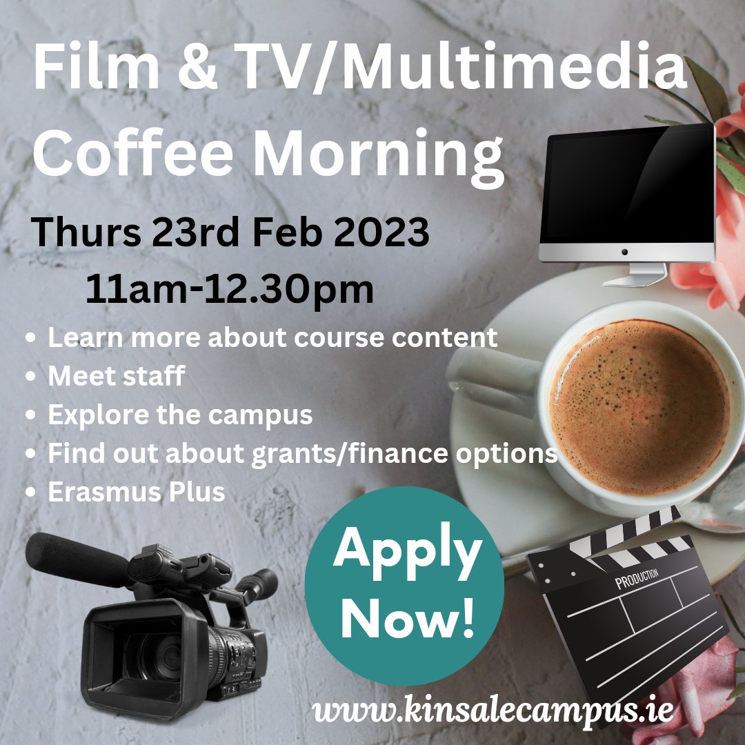 kinsalecollege's tweet photo. Interested in studying #Multimedia Film & TV? The film & TV Dept will host a coffee morning Thurs 23rd Feb 11am -12.30pm. All welcome. #CreativeDigitalMedia #filmproduction #ThisIsFET #courses2023 #cetb #kinsale #leavingcert2023 #CAO #PLC #kinsaleireland #cork https://t.co/oaWtlmfGcl