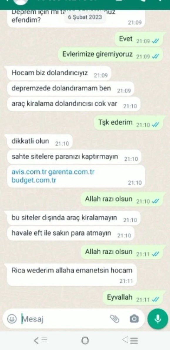 Bir araç kiralama dolandırıcısı, dolandıracağı kişinin depremzede olduğunu fark edince dolandırmaktan vazgeçti.