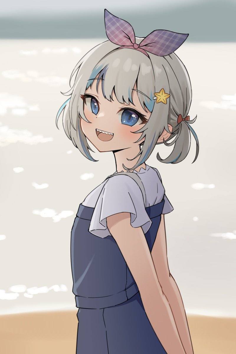 gawr gura 1girl blue eyes solo sharp teeth grey hair smile teeth  illustration images