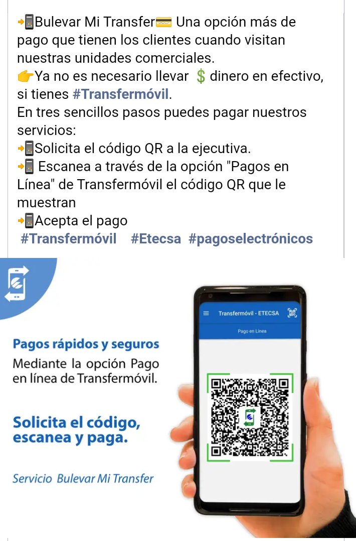 Servicio Bulevar Mi Transfer, solicita el código, escanea y paga con #Transfermovil 
@Etecsa_Cuba
#pagoselectrónicos