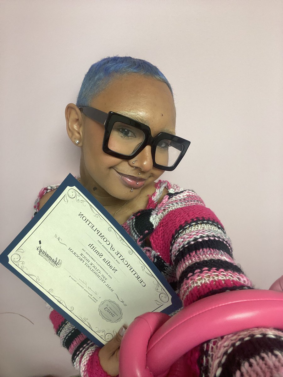 graduated nail school &amp; my hair is now blue 🫶🏽