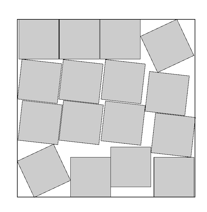 The optimal known packing of 16 equal squares into a larger square - i.e. the arrangement which minimises the size of the large square.