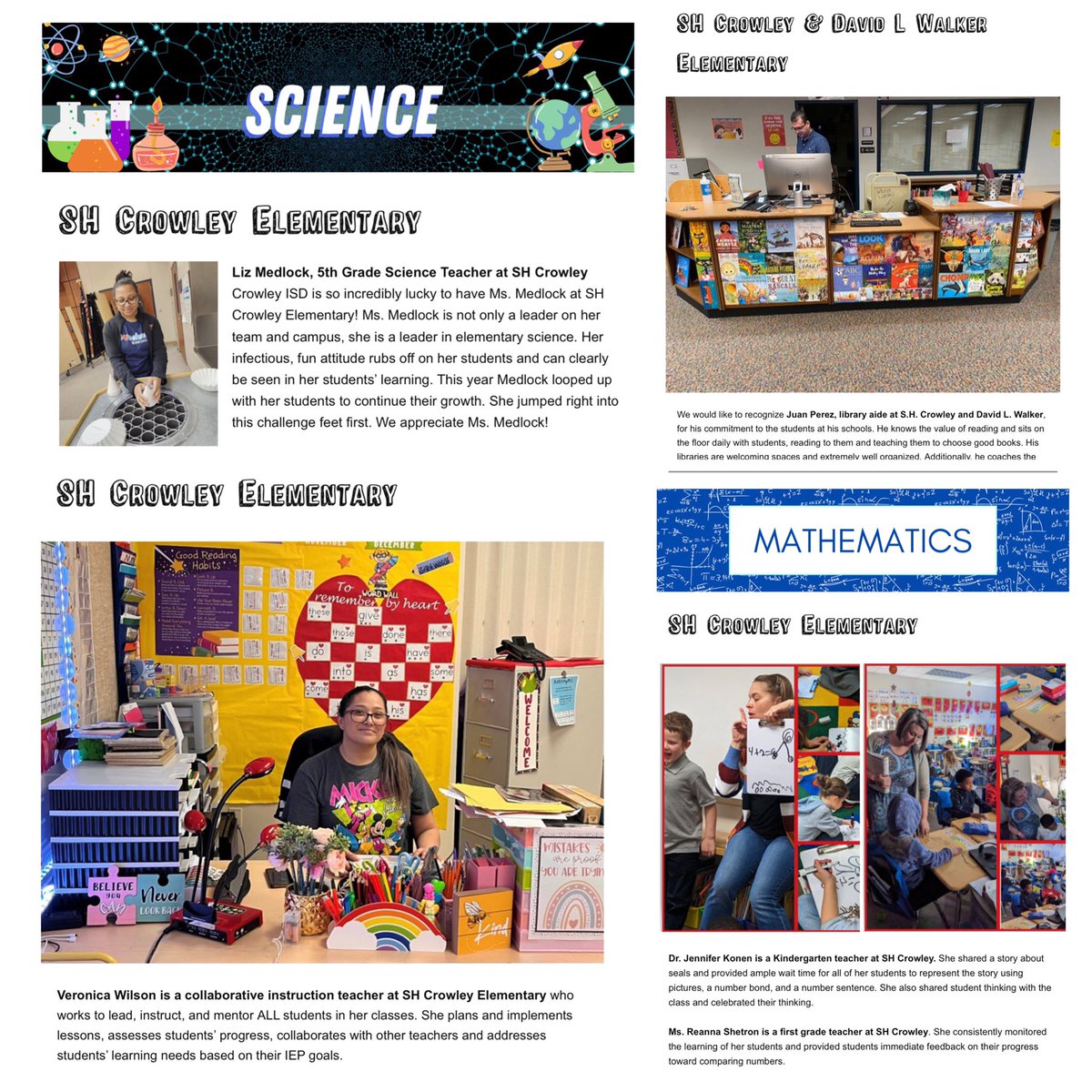 Round of applause to these 5 <a href="/SHCrowleyElem/">S.H. Crowley Elementary</a> teachers for being spotlighted by CISD for their impact on student learning in various areas and commitment making a difference in students’ lives! Ms. Medlock, Mr. Perez, Ms. Wilson, Dr. Konen and Ms. Shetron! 👏🏽👏🏻CONGRATULATIONS 🎉🎊