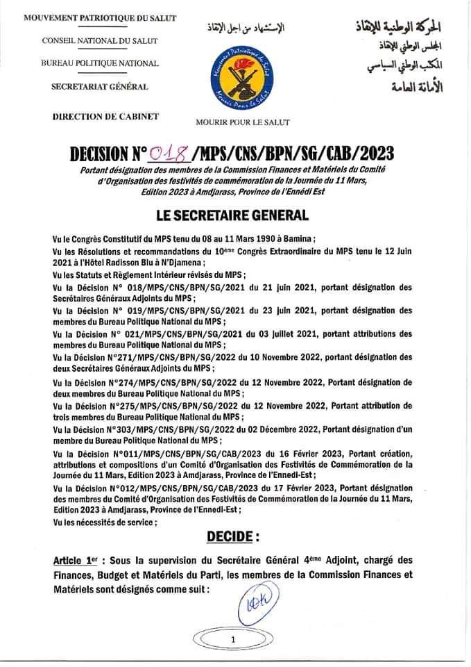 BandeInfo1's tweet photo. Le #MPS entend commémorer la journée du 11 Mars marquant la date de sa création à #BAMINA. A cet effet, il est mis en place une commission finance et budget.
#Tchad https://t.co/CTSOkcjxMY