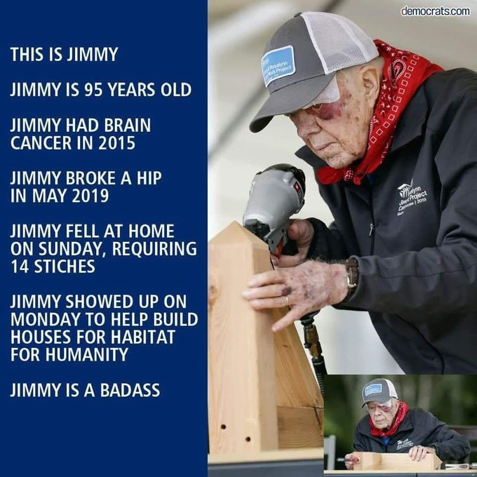 #JimmyCarter President Jimmy Carter always inspired me and embodied American ideals to me more than anyone. As a kid, I wrote him a letter w/ a full-page flag of Georgia I drew. He replied! Soon he was President. Here he is at Habitat for Humanity ~2019.
