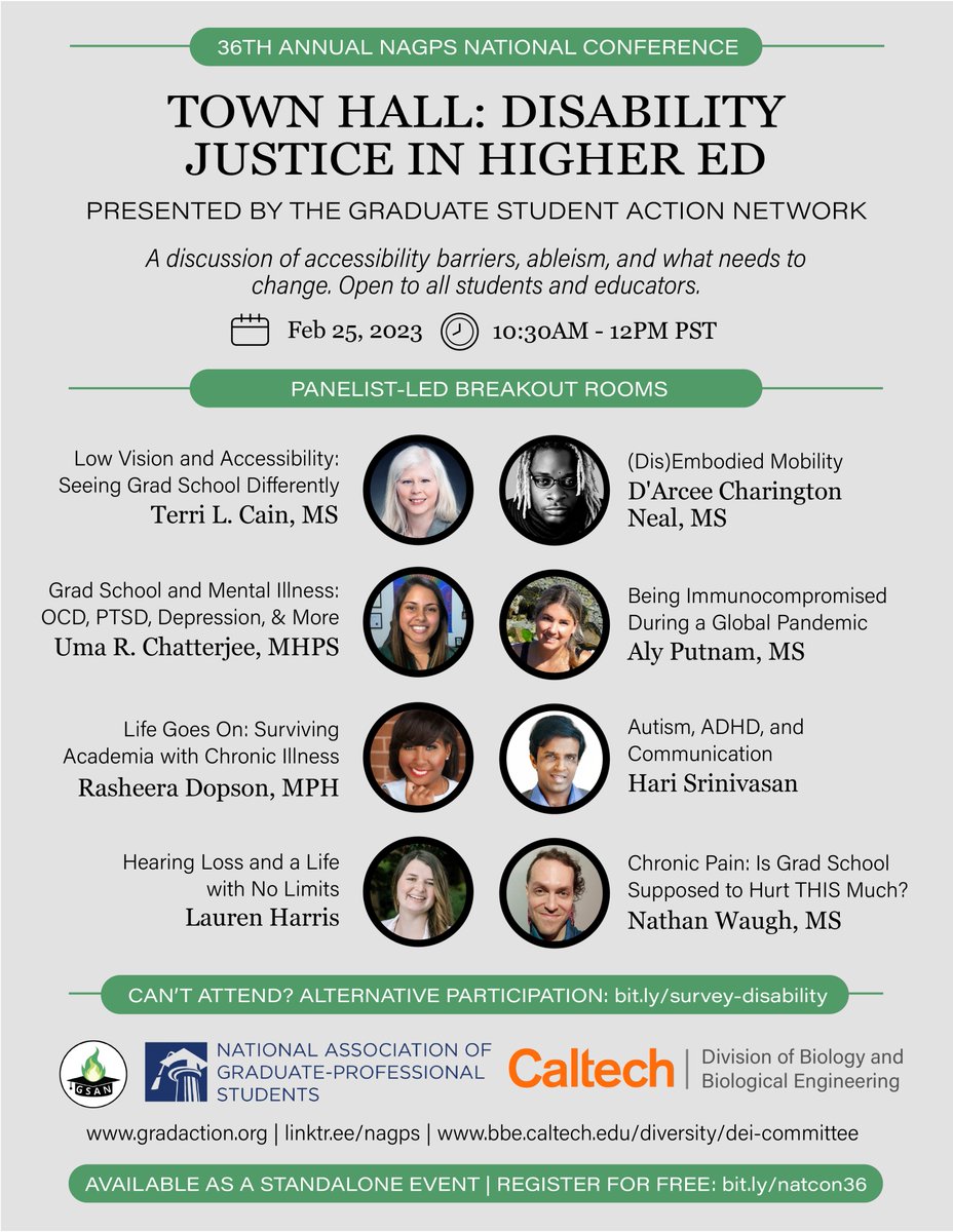 📢 #AcademicTwitter Join our virtual Town Hall on Disability Justice in Higher Ed (Feb 25, 10:30AM PST) at the 36th Annual NAGPS National Conference: bit.ly/natcon36. Available as a free, standalone event. Program &amp; panelists: bit.ly/disability-tow…. Please retweet!