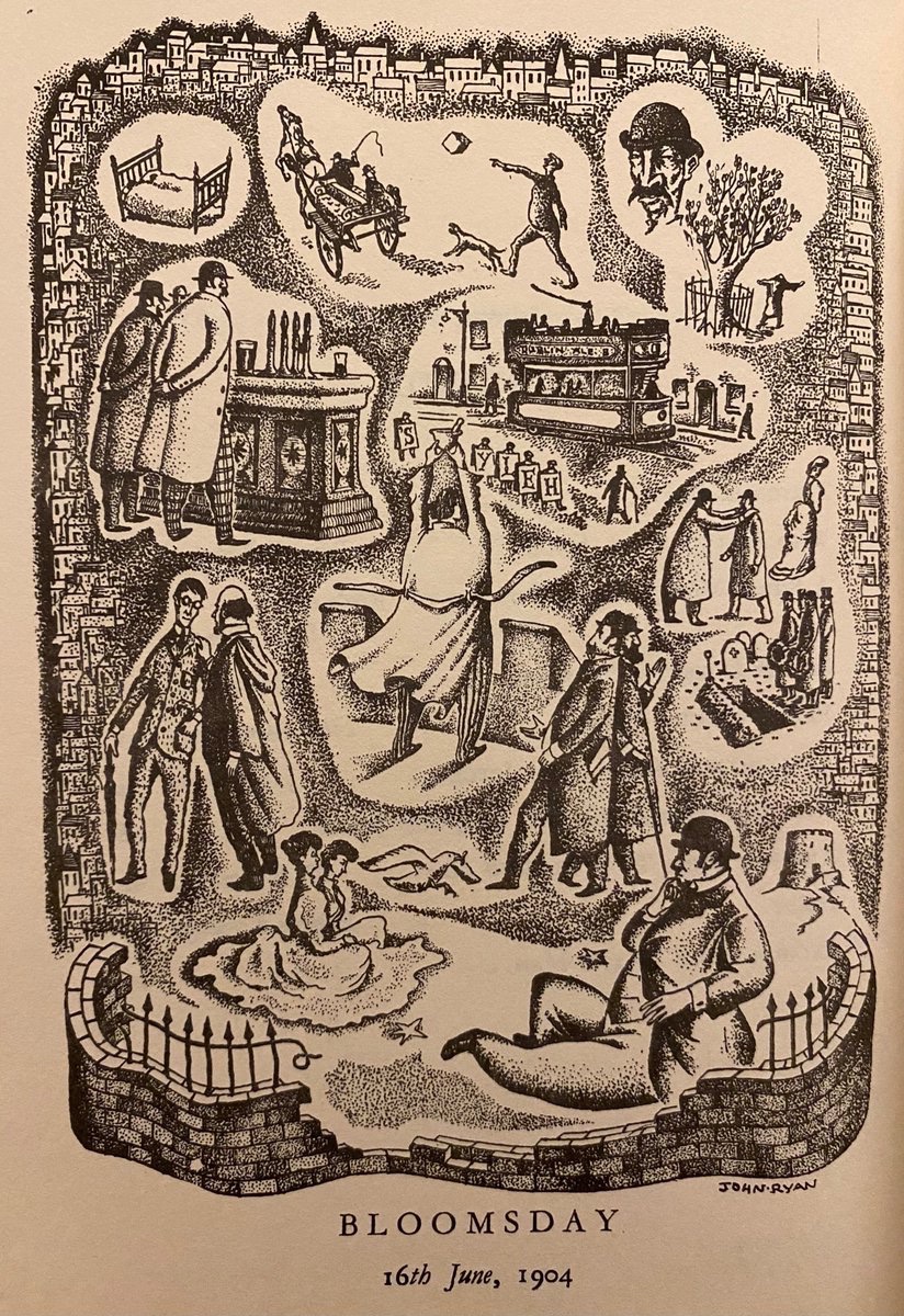 Broadcaster, publisher, critic, editor and publican John Ryan was born OTD in 1925. He did this Bloomsday illustration for the James Joyce special number of Envoy, his review of literature and art, in 1951.